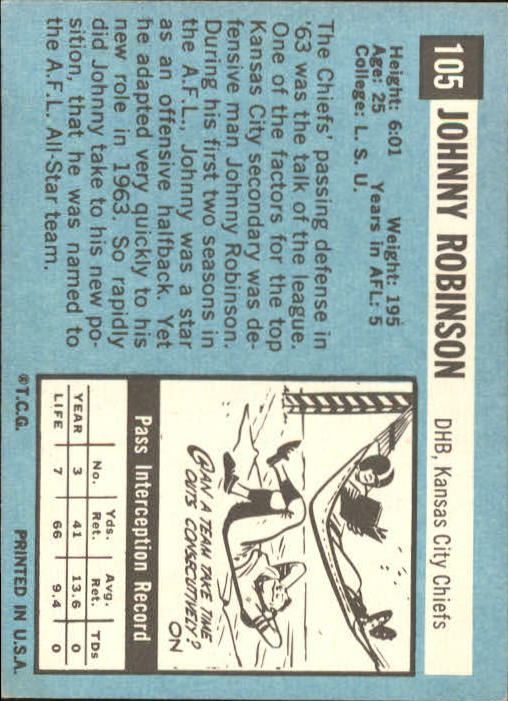 1964 Topps #105 Johnny Robinson SP back image