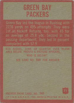 1965 Philadelphia #71 Green Bay Packers back image