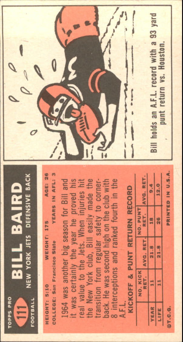 1965 Topps #111 Bill Baird SP RC back image