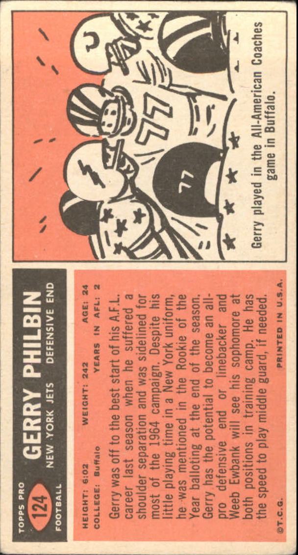 1965 Topps #124 Gerry Philbin SP back image