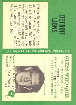1966 Philadelphia #66 Detroit Lions Team back image