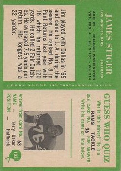 1966 Philadelphia #103 Jim Stiger RC back image