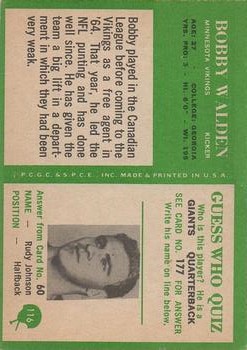 1966 Philadelphia #116 Bobby Walden RC back image