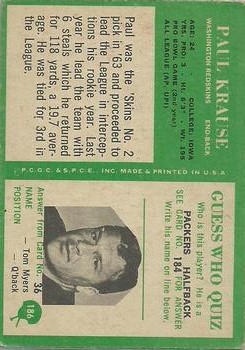1966 Philadelphia #186 Paul Krause back image