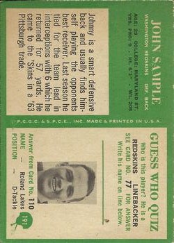 1966 Philadelphia #191 Johnny Sample back image