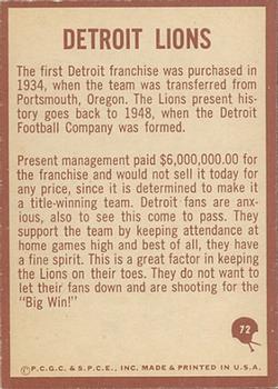 1967 Philadelphia #72 Detroit Lions back image