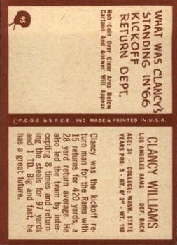 1967 Philadelphia #95 Clancy Williams RC back image