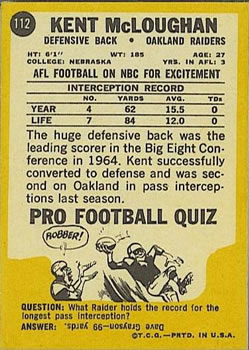 1967 Topps #112 Kent McCloughan UER RC/(name on back: McLoughan) back image