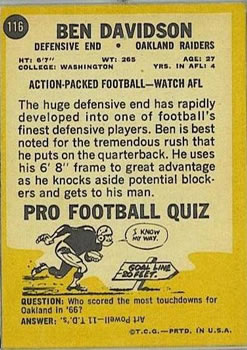 1967 Topps #116 Ben Davidson back image