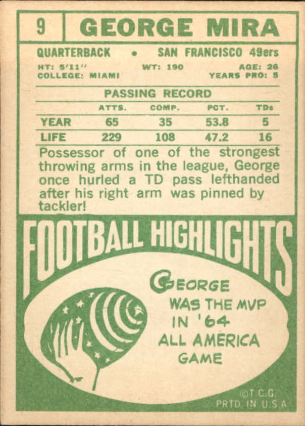 1968 Topps #9 George Mira back image