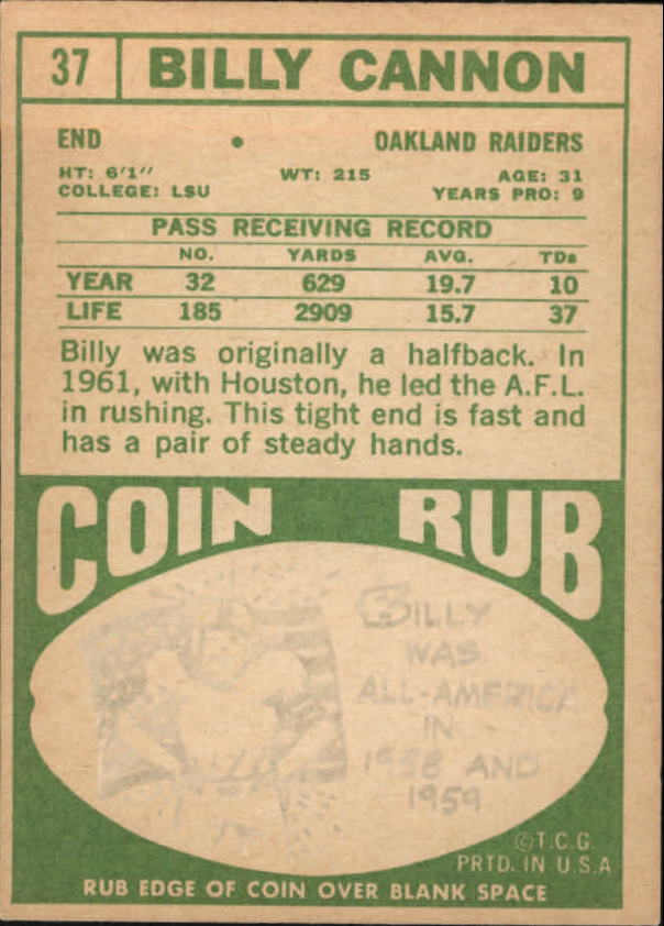 1968 Topps #37 Billy Cannon back image