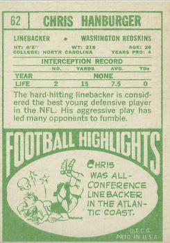1968 Topps #62 Chris Hanburger back image