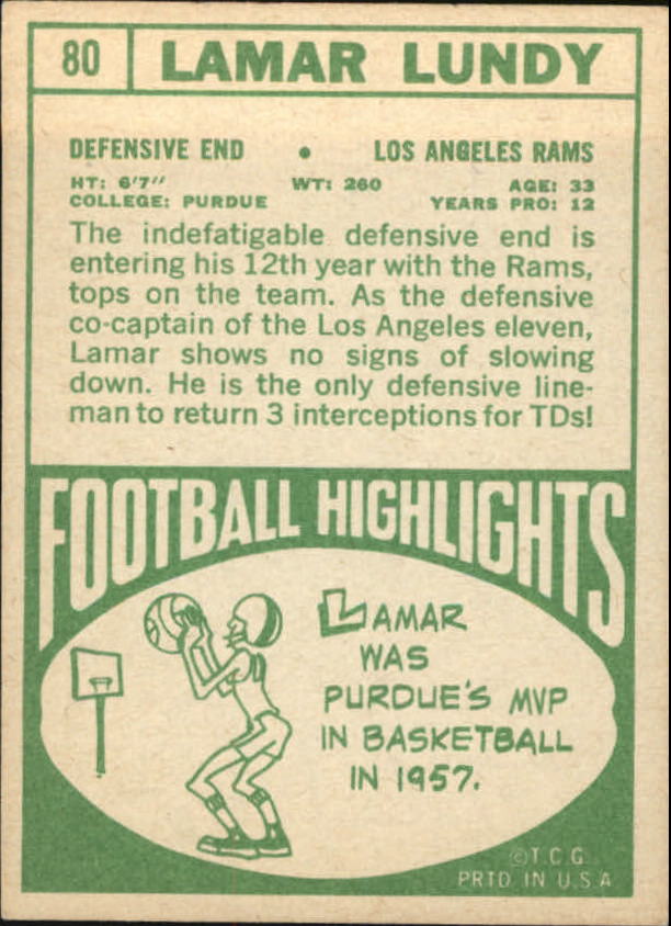 1968 Topps #80 Lamar Lundy back image