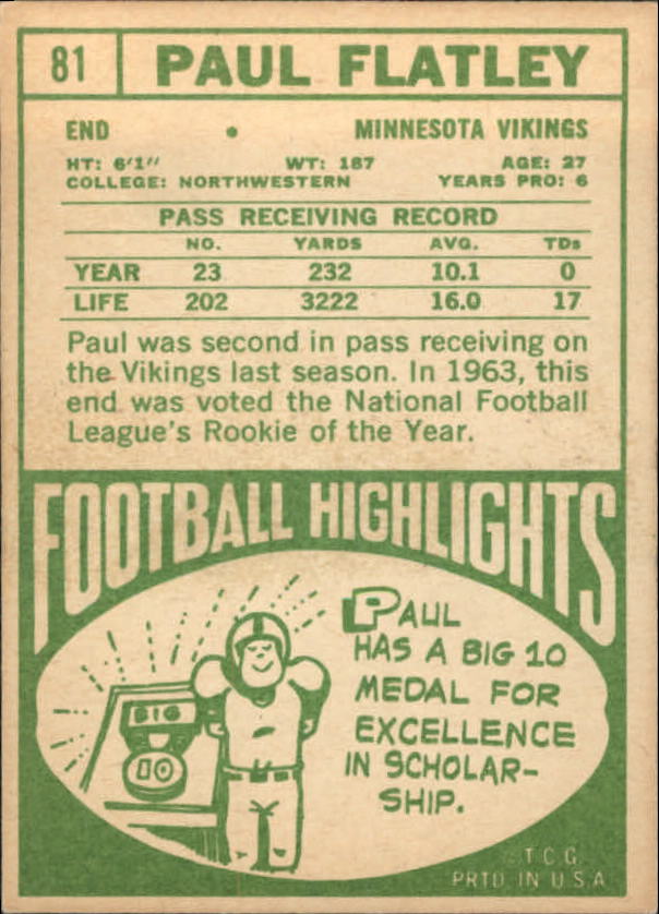 1968 Topps #81 Paul Flatley back image