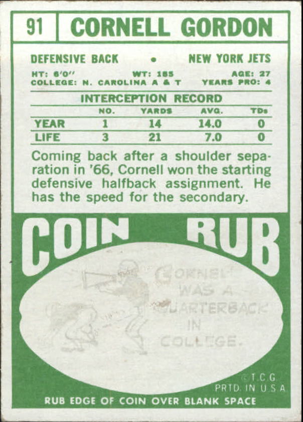 1968 Topps #91 Cornell Gordon RC back image