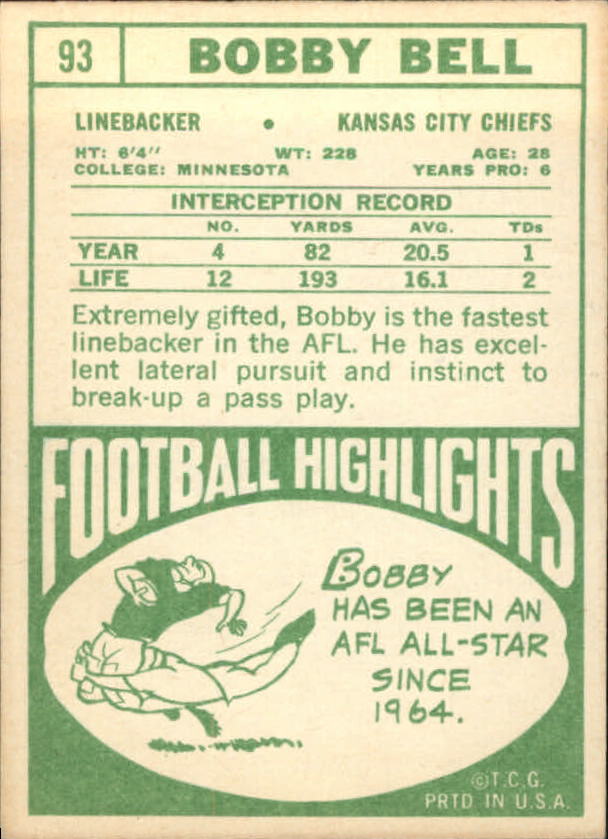 1968 Topps #93 Bobby Bell back image