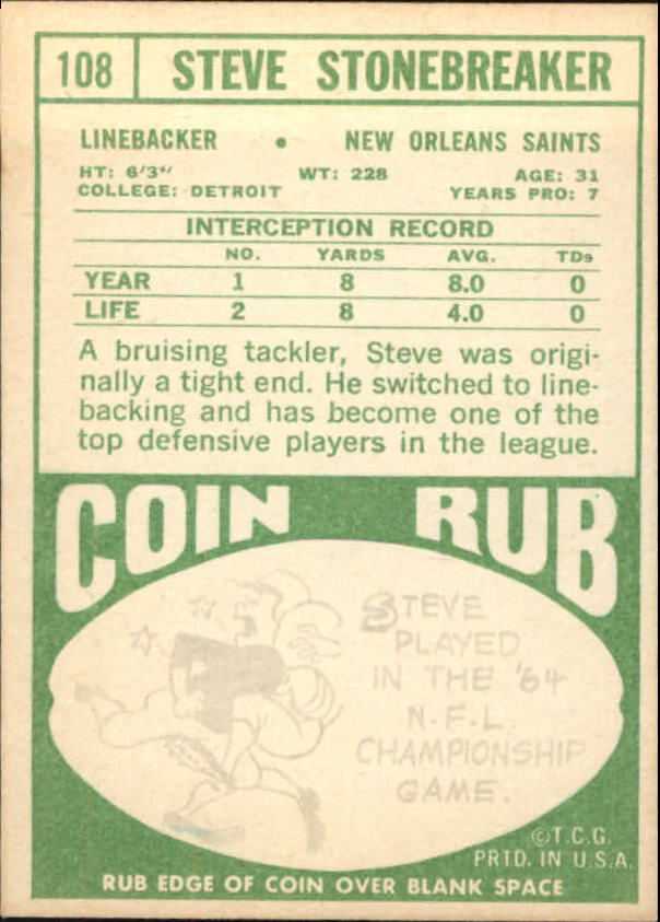 1968 Topps #108 Steve Stonebreaker RC back image