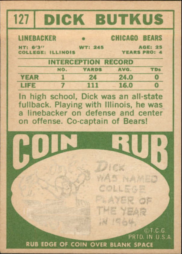 1968 Topps #127 Dick Butkus back image