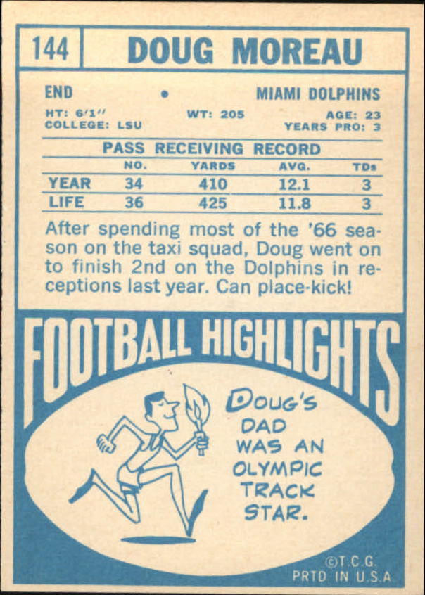 1968 Topps #144 Doug Moreau RC back image