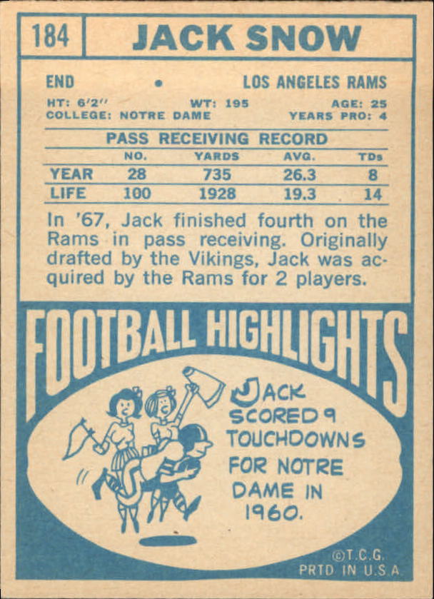 1968 Topps #184 Jack Snow RC back image