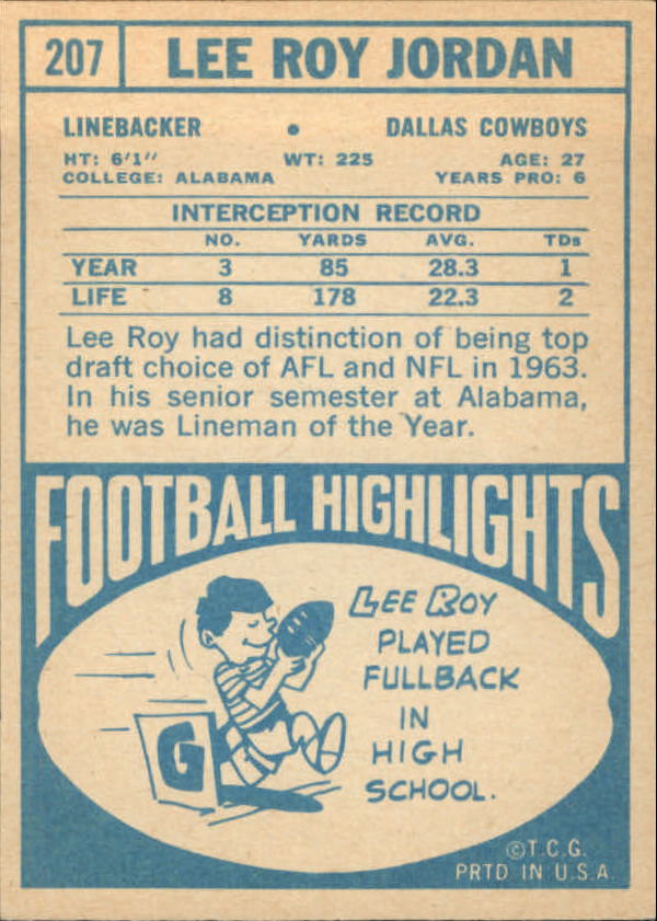 1968 Topps #207 Lee Roy Jordan back image