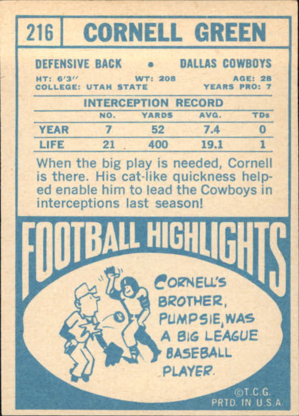 1968 Topps #216 Cornell Green back image