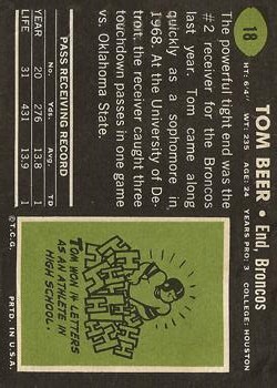 1969 Topps #18 Tom Beer back image