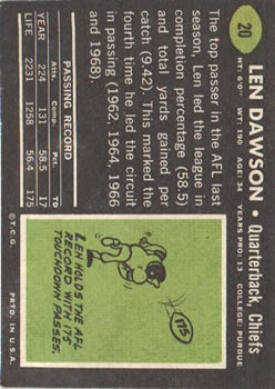 1969 Topps #20 Len Dawson back image