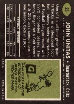 1969 Topps #25 Johnny Unitas back image