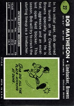 1969 Topps #27 Bob Matheson RC back image