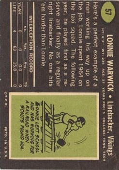 1969 Topps #57 Lonnie Warwick RC back image