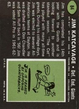 1969 Topps #84 Jim Katcavage back image