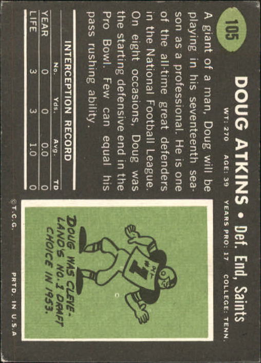 1969 Topps #105 Doug Atkins back image