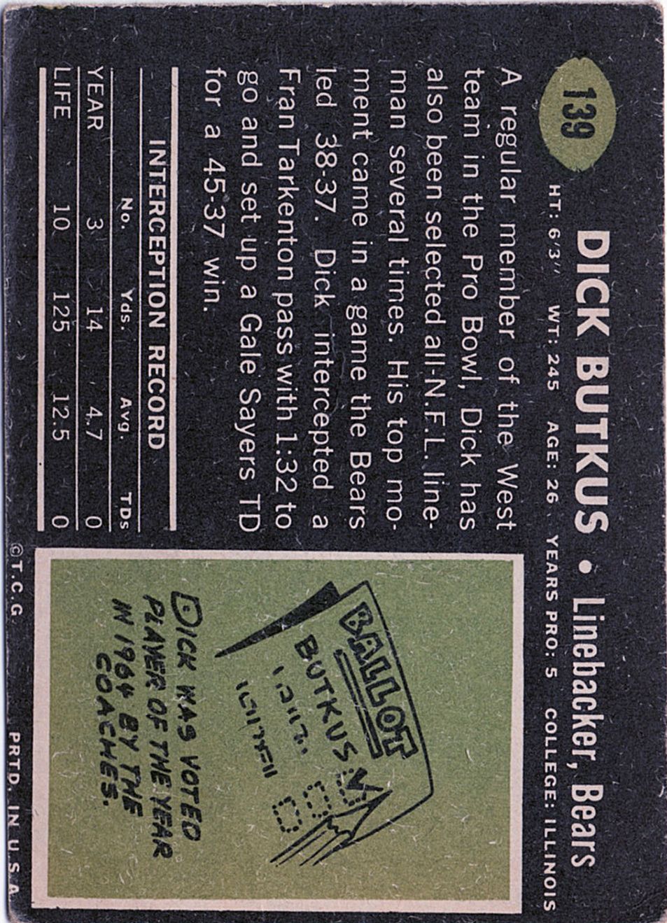 1969 Topps #139 Dick Butkus back image