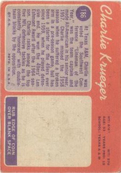 1970 Topps #186 Charlie Krueger back image