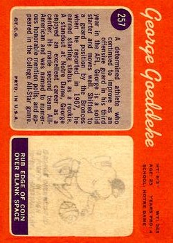 1970 Topps #257 George Goeddeke RC back image