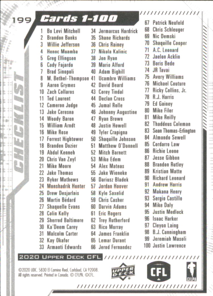 B6609- 2020 Upper Deck CFL Football Card #s 1-200 -You Pick- 15+ FREE US SHIP - Picture 165 of 165