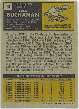 1971 Topps #13 Buck Buchanan back image