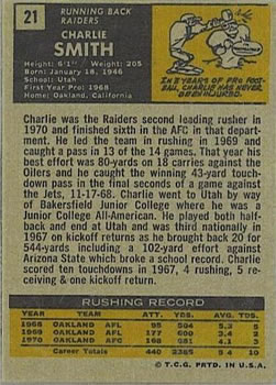1971 Topps #21 Charlie Smith RB back image