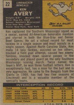 1971 Topps #22 Ken Avery RC back image