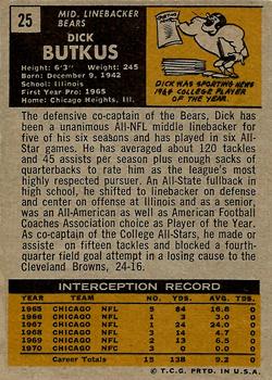 1971 Topps #25 Dick Butkus back image