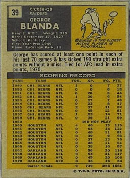 1971 Topps #39 George Blanda back image