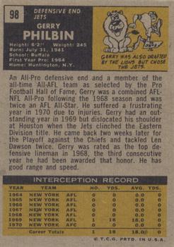 1971 Topps #98 Gerry Philbin back image