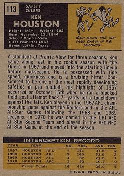 1971 Topps #113 Ken Houston RC back image