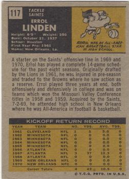 1971 Topps #117 Errol Linden RC back image