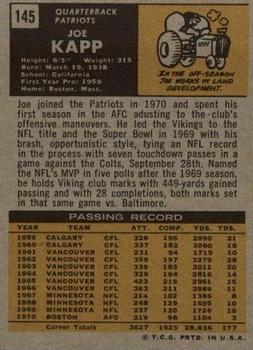 1971 Topps #145 Joe Kapp back image