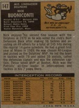 1971 Topps #147 Nick Buoniconti back image