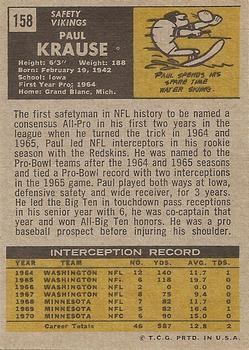 1971 Topps #158 Paul Krause back image