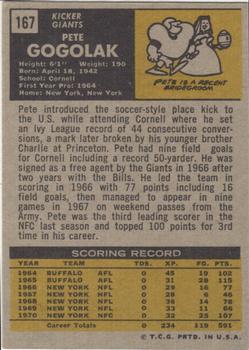 1971 Topps #167 Pete Gogolak back image