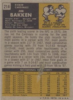1971 Topps #214 Jim Bakken back image